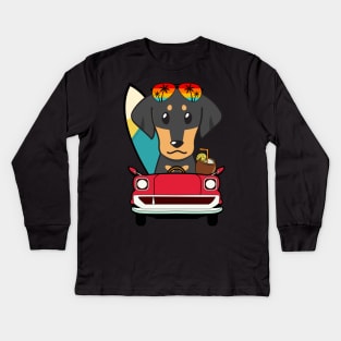 Surfer dachshund driving to the beach Kids Long Sleeve T-Shirt